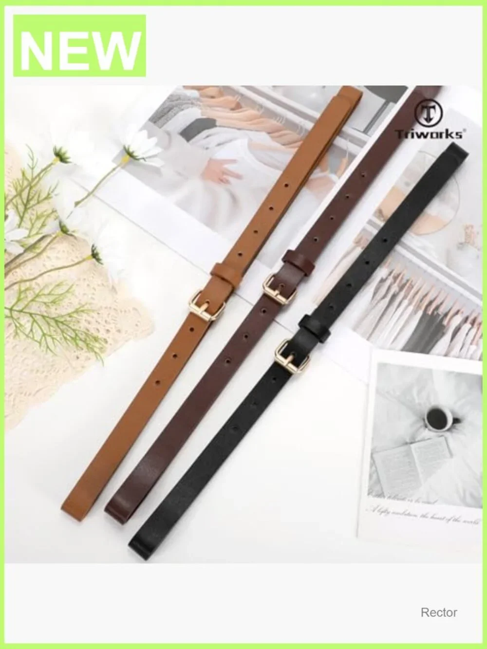 3 Pack Skinny Leather Belts for Women - Gold Buckle, 0.7